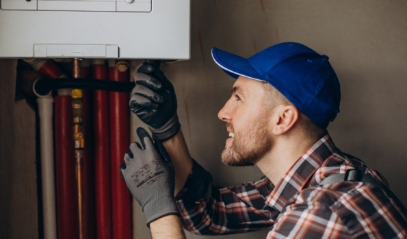 A man in a blue hat and gloves repairs a furnace.